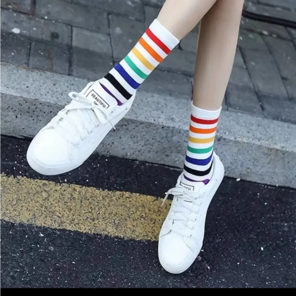 Women  Pride Rainbow Stripe  Black Socks Set Size 5-9